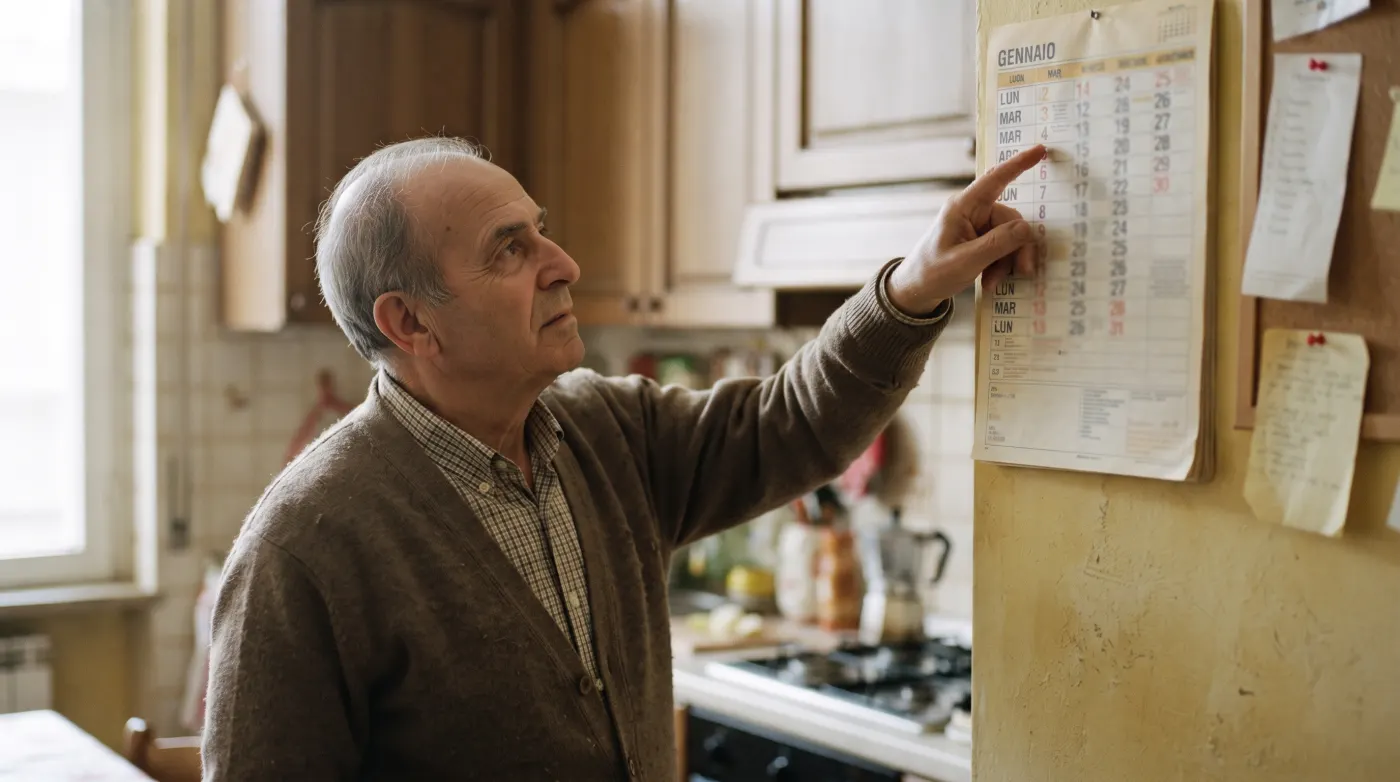Uomo anziano che sfoglia un calendario da parete in cucina