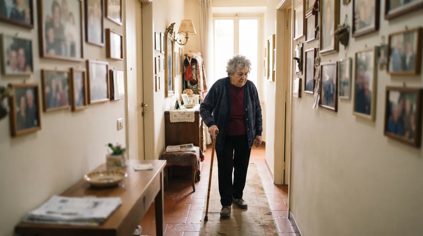 Donna anziana con il bastone che cammina in un corridoio di casa luminoso