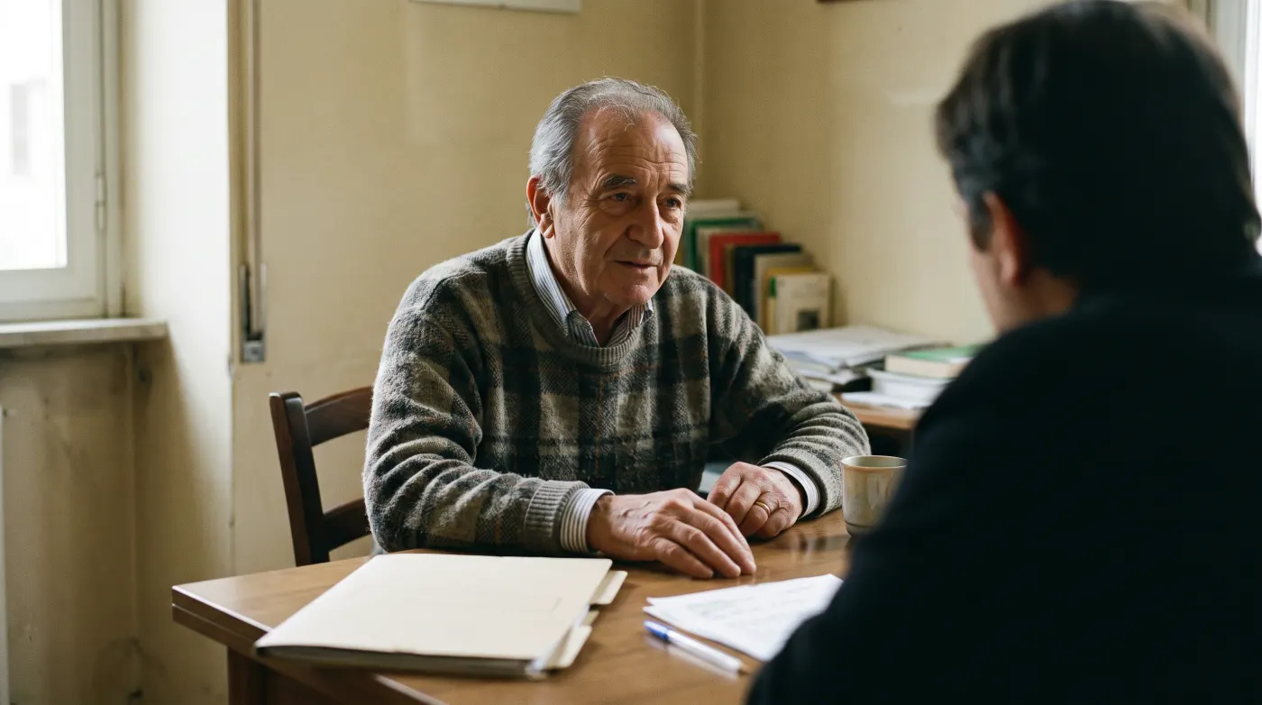 Pensionato seduto a un tavolo con una cartellina mentre parla con un operatore ripreso di spalle