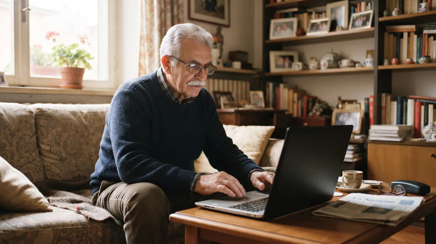 Uomo anziano al computer portatile nel soggiorno di casa