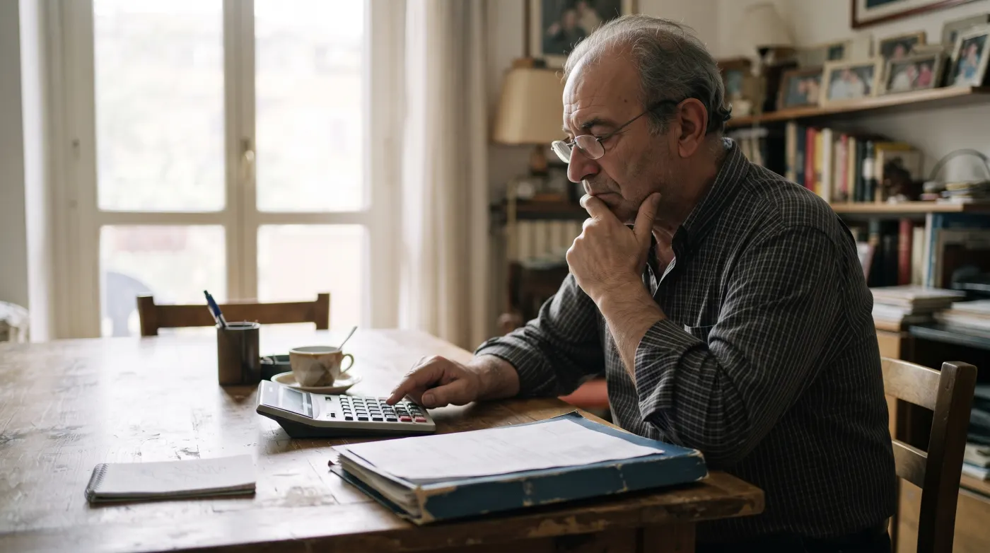 Pensionato che usa una calcolatrice accanto a un fascicolo di documenti