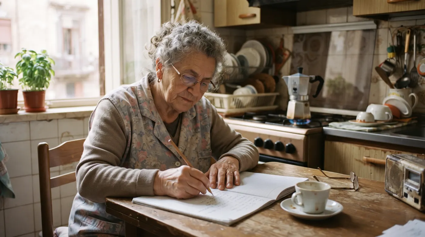 Donna anziana in cucina che annota alcune cifre su un quaderno