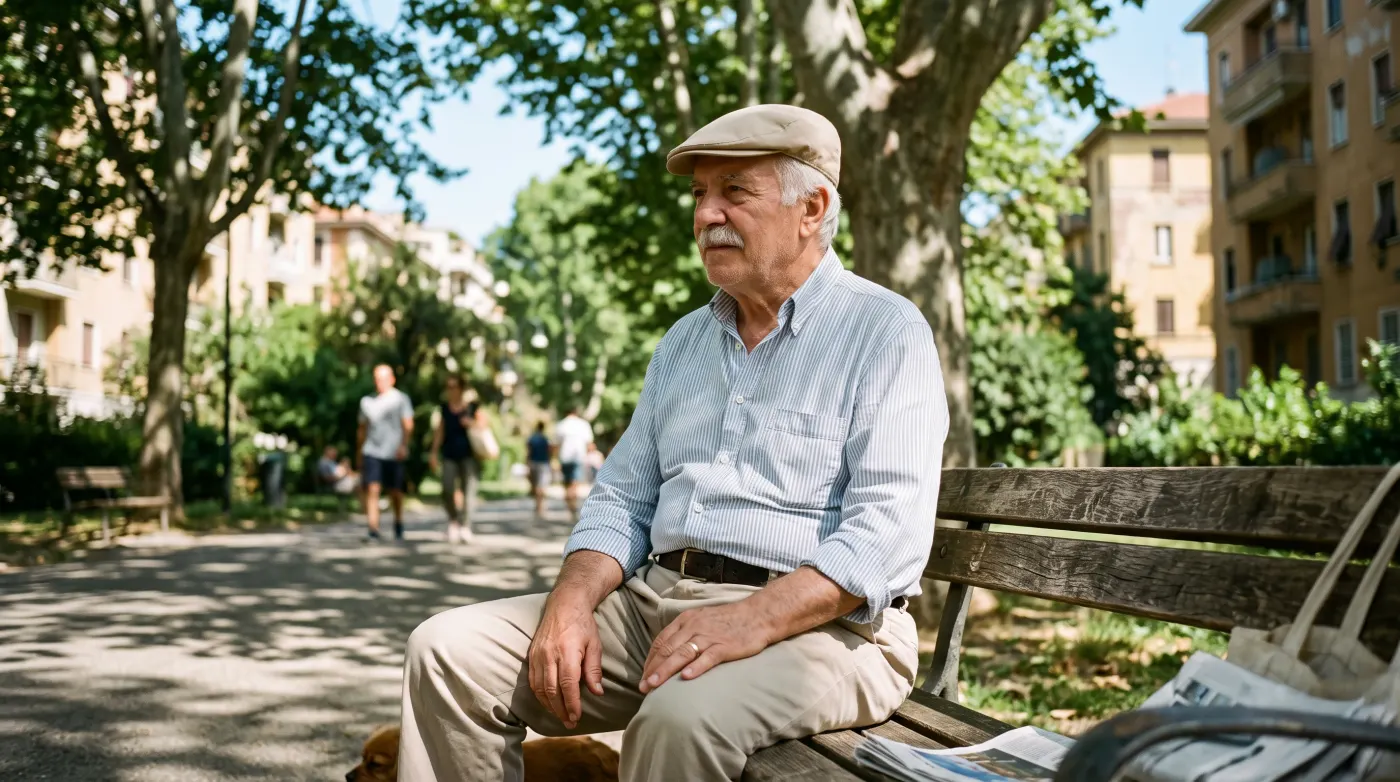 Uomo anziano seduto su una panchina in un parco d'estate