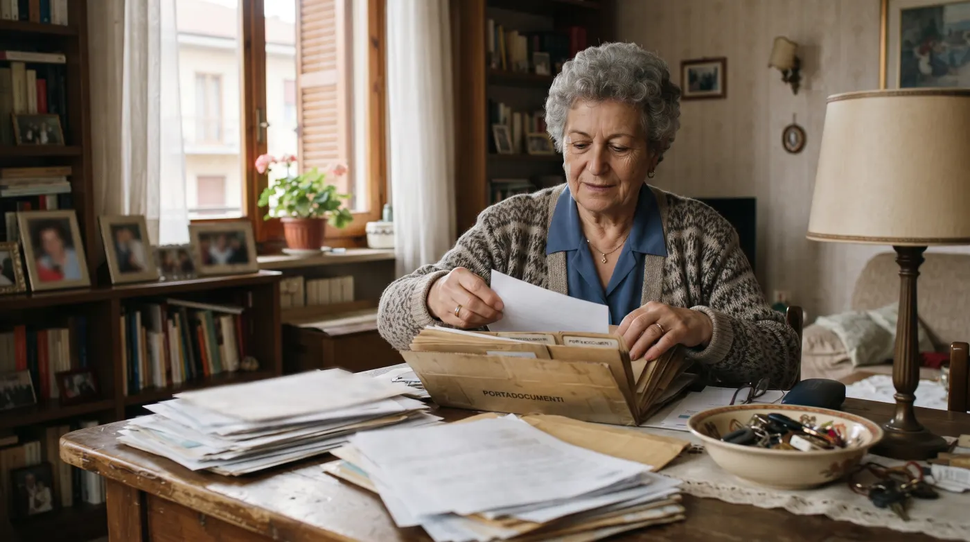 Pensionata che riordina documenti in una cartellina sul tavolo del soggiorno