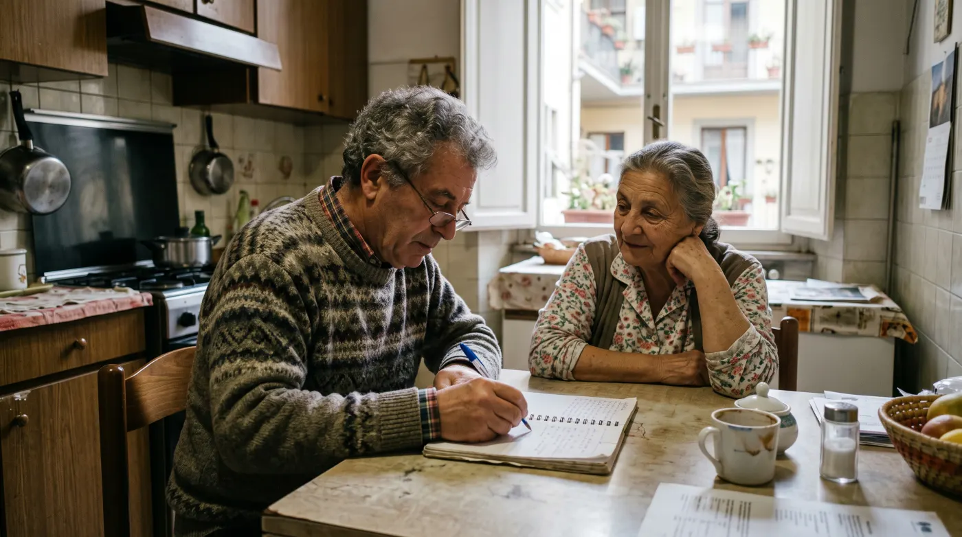 Coppia di pensionati che fa i conti delle spese mensili al tavolo della cucina